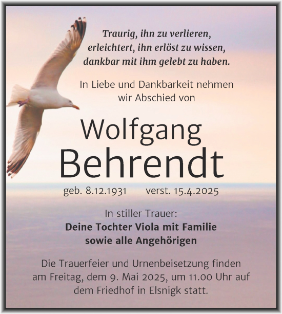 Traueranzeige von Wolfgang Behrendt von Trauerkombi Köthen