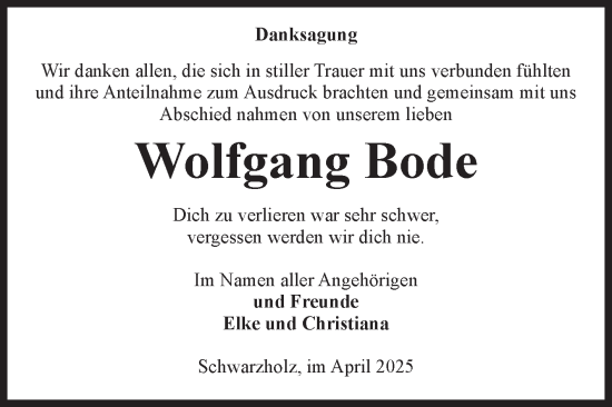 Traueranzeige von Wolfgang Bode von Volksstimme Altmark Ost