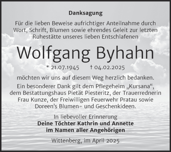 Traueranzeige von Wolfgang Byhahn von Trauerkombi Wittenberg