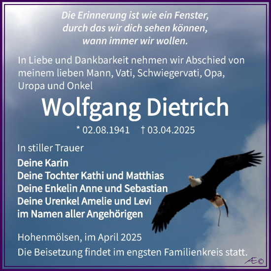 Traueranzeige von Wolfgang Dietrich von Trauerkombi Weißenfels