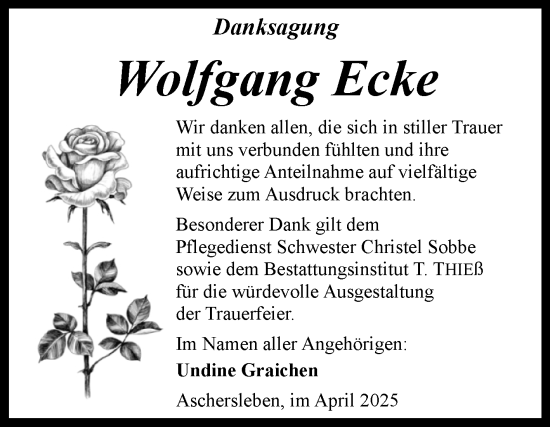 Traueranzeige von Wolfgang Ecke von Trauerkombi Quedlinburg