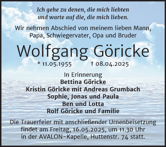 Traueranzeige von Wolfgang Göricke von Mitteldeutsche Zeitung Halle/Saalkreis