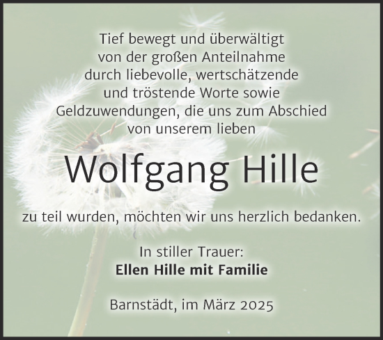 Traueranzeige von Wolfgang Hille von Trauerkombi Merseburg