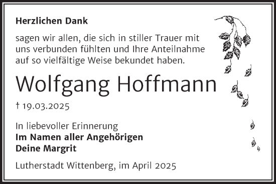 Traueranzeige von Wolfgang Hoffmann von Trauerkombi Wittenberg