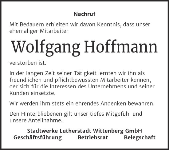 Traueranzeige von Wolfgang Hoffmann von Super Sonntag Wittenberg