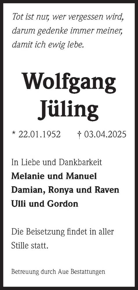 Traueranzeige von Wolfgang Jüling von Volksstimme Magdeburg