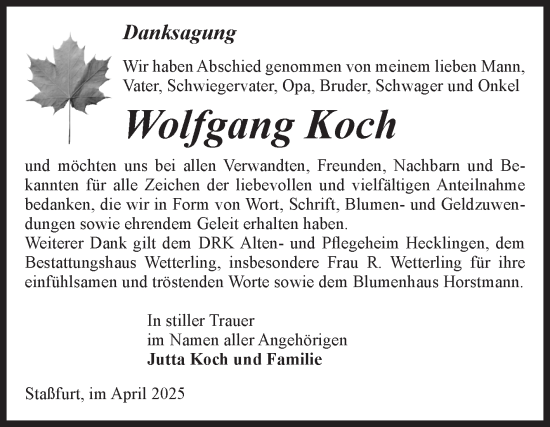 Traueranzeige von Wolfgang Koch von Volksstimme Staßfurt
