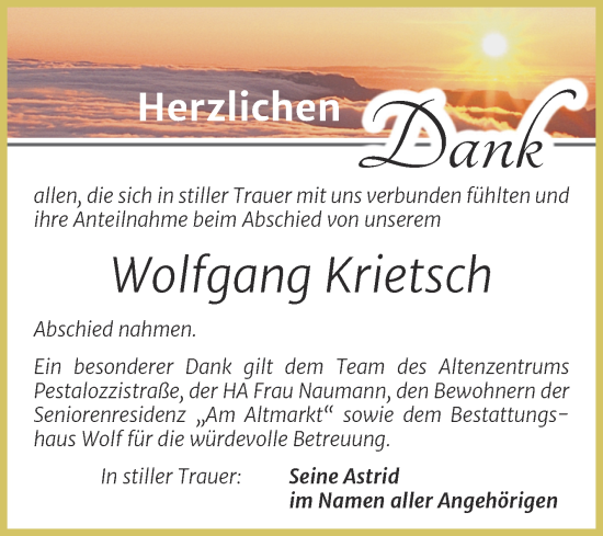 Traueranzeige von Wolfgang Krietsch von Trauerkombi Zeitz