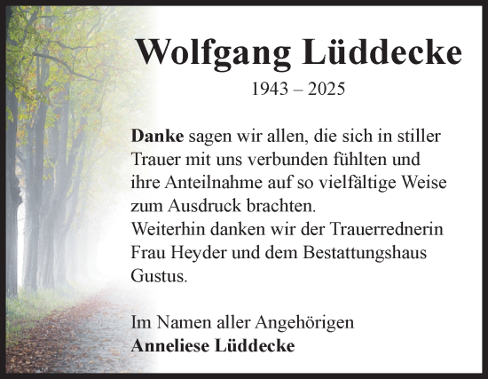 Traueranzeige von Wolfgang Lüddecke von Volksstimme Halberstadt