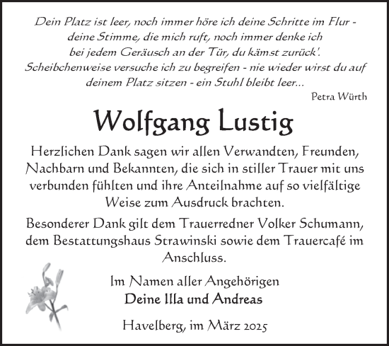 Traueranzeige von Wolfgang Lustig von Volksstimme Altmark Ost