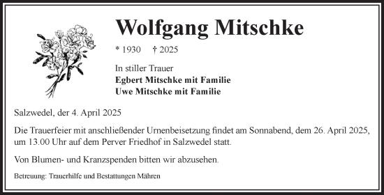 Traueranzeige von Wolfgang Mitschke von Mitteldeutsche Zeitung Halle/Saalkreis