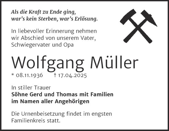 Traueranzeige von Wolfgang Müller von Trauerkombi Bernburg