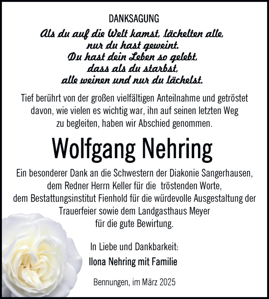 Traueranzeige von Wolfgang Nehring von Trauerkombi Sangerhausen