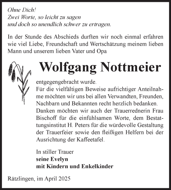 Traueranzeige von Wolfgang Nottmeier von Volksstimme Haldensleben/Wolmirstedt