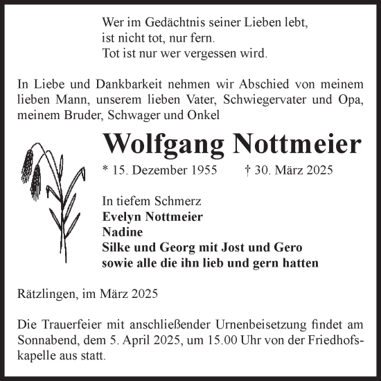 Traueranzeige von Wolfgang Nottmeier von Volksstimme Haldensleben/Wolmirstedt