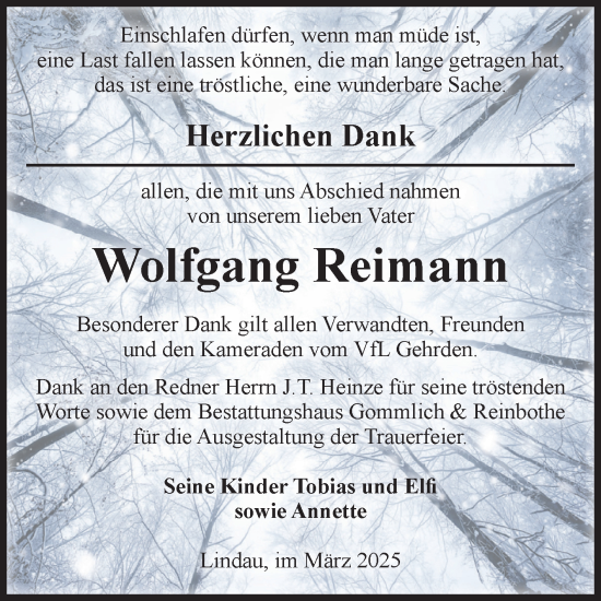 Traueranzeige von Wolfgang Reimann von Volksstimme Zerbst