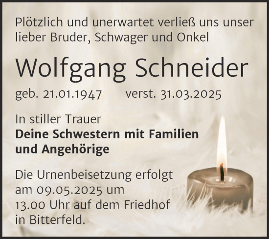 Traueranzeige von Wolfgang Schneider von Trauerkombi Bitterfeld