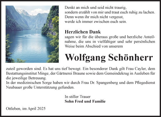 Traueranzeige von Wolfgang Schönherr von Volksstimme Oschersleben/Wanzleben