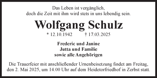Traueranzeige von Wolfgang Schulz von Volksstimme Zerbst