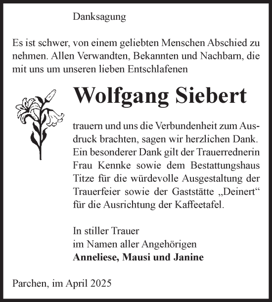 Traueranzeige von Wolfgang Siebert von Volksstimme Burg/Genthin