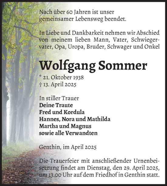 Traueranzeige von Wolfgang Sommer von Volksstimme Burg/Genthin
