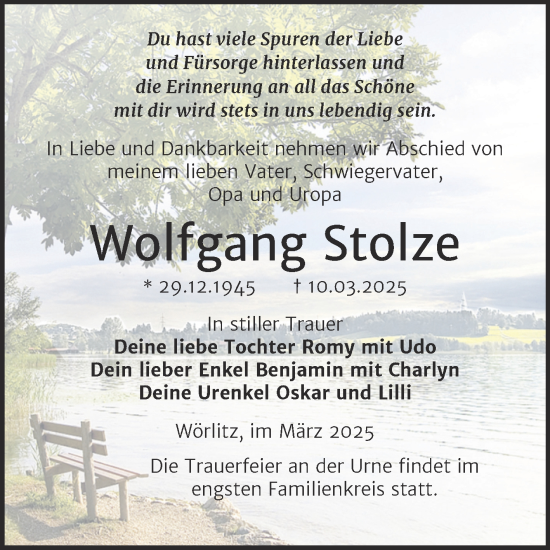 Traueranzeige von Wolfgang Stolze von Trauerkombi Wittenberg
