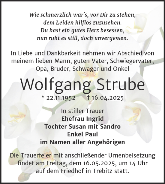 Traueranzeige von Wolfgang Strube von Trauerkombi Bernburg