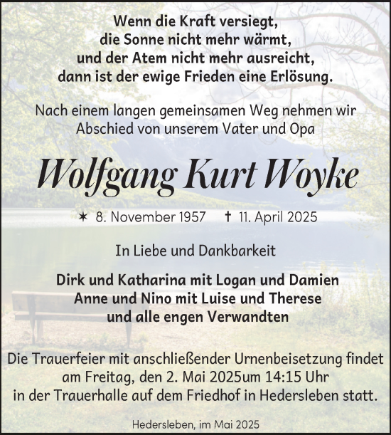 Traueranzeige von Wolfgang Kurt Woyke von Trauerkombi Quedlinburg