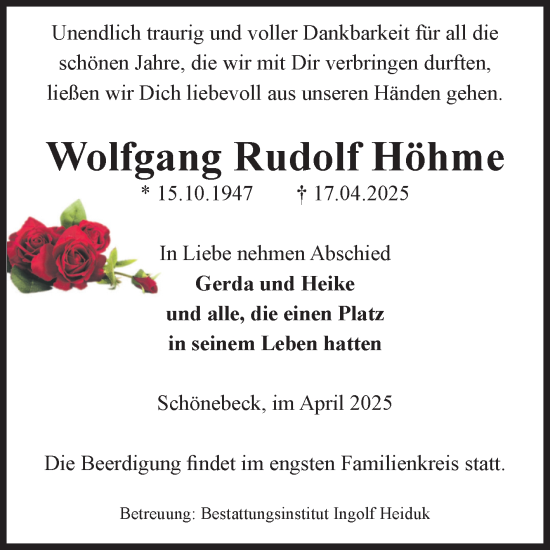 Traueranzeige von Wolfgang Rudolf Höhme von Volksstimme Schönebeck