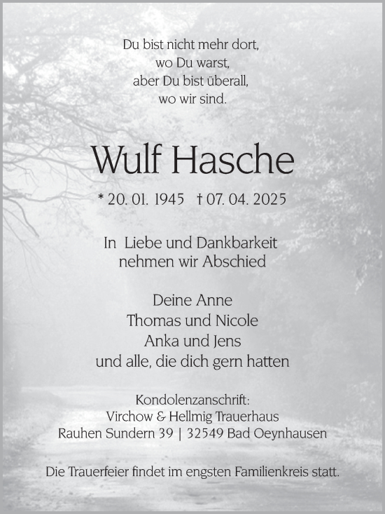 Traueranzeige von Wulf Hasche von Mitteldeutsche Zeitung Quedlingburg