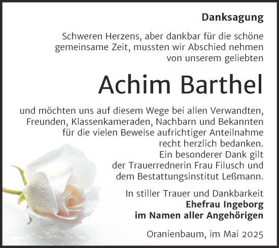 Traueranzeige von Achim Barthel von Trauerkombi Wittenberg