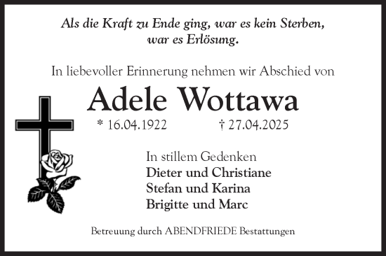 Traueranzeige von Adele Wottawa von Volksstimme Haldensleben/Wolmirstedt