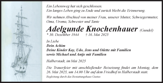 Traueranzeige von Adelgunde Knochenhauer von Volksstimme Halberstadt
