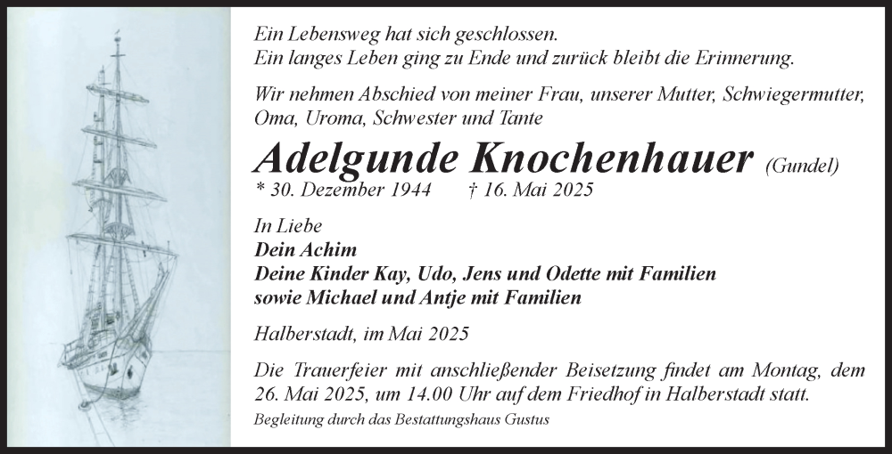  Traueranzeige für Adelgunde Knochenhauer vom 21.05.2025 aus Volksstimme Halberstadt