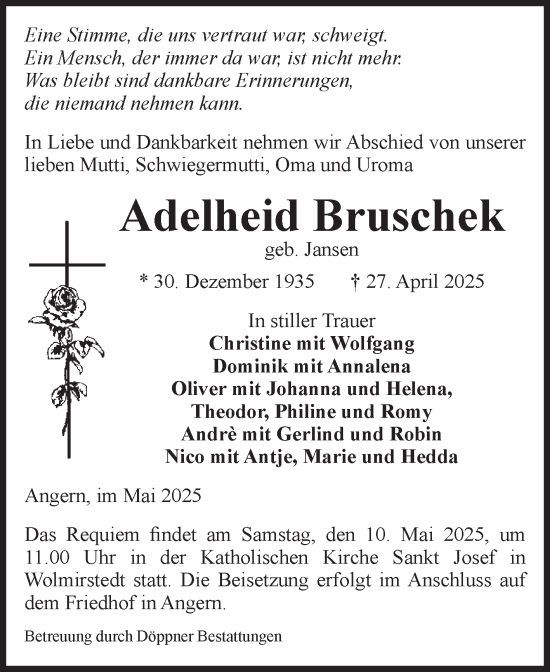 Traueranzeige von Adelheid Bruschek von Volksstimme Altmark Ost