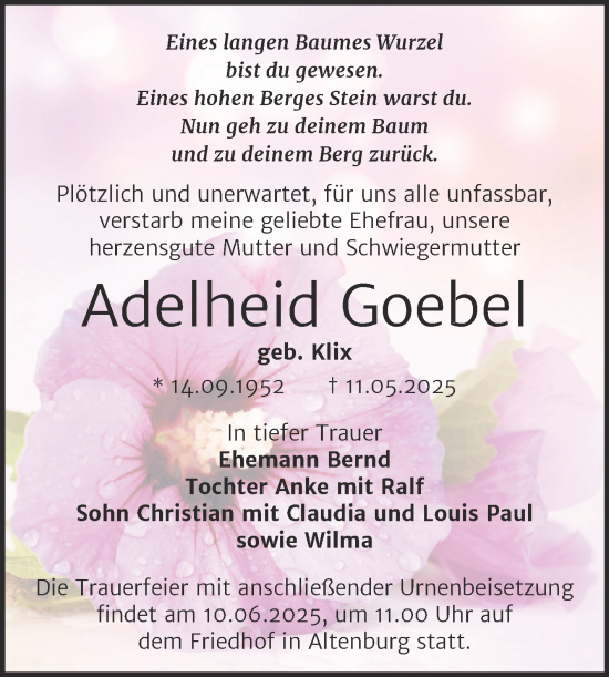 Traueranzeige von Adelheid Goebel von Trauerkombi Bernburg
