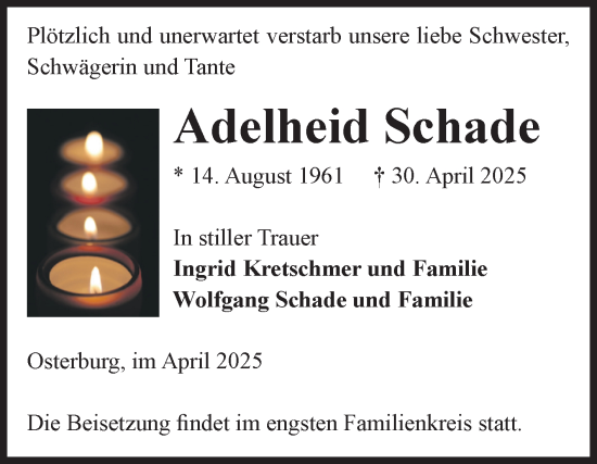 Traueranzeige von Adelheid Schade von Volksstimme Altmark Ost
