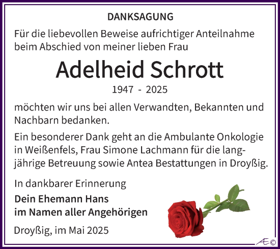 Traueranzeige von Adelheid Schrott von Trauerkombi Zeitz
