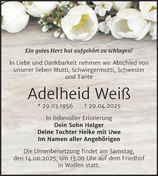 Traueranzeige von Adelheid Weiß von Trauerkombi Bitterfeld