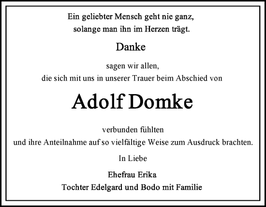 Traueranzeige von Adolf Domke von Trauerkombi Bitterfeld