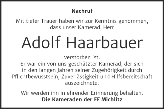 Traueranzeige von Adolf Haarbauer von Trauerkombi Weißenfels