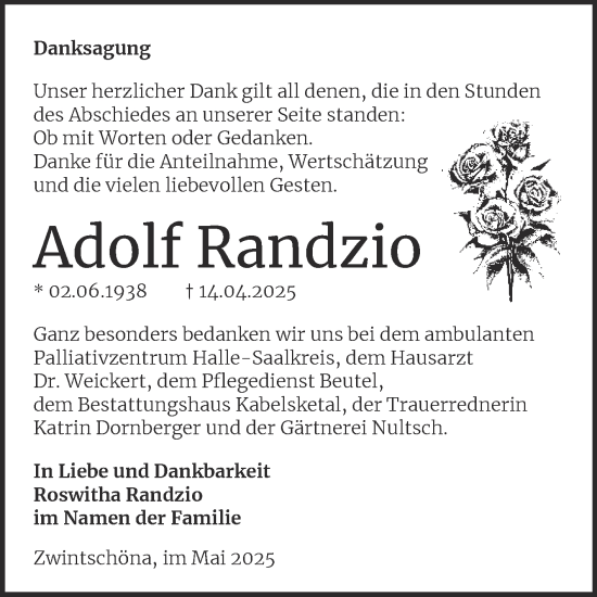 Traueranzeige von Adolf Randzio von Mitteldeutsche Zeitung Halle/Saalkreis