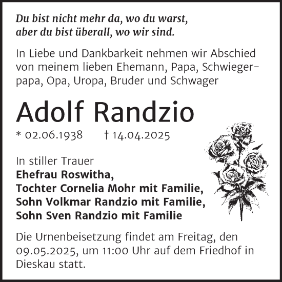 Traueranzeige von Adolf Randzio von Mitteldeutsche Zeitung Halle/Saalkreis
