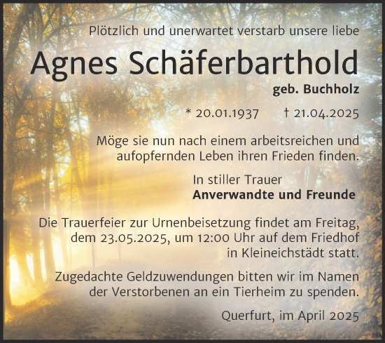 Traueranzeige von Agnes Schäferbarthold von Trauerkombi Merseburg