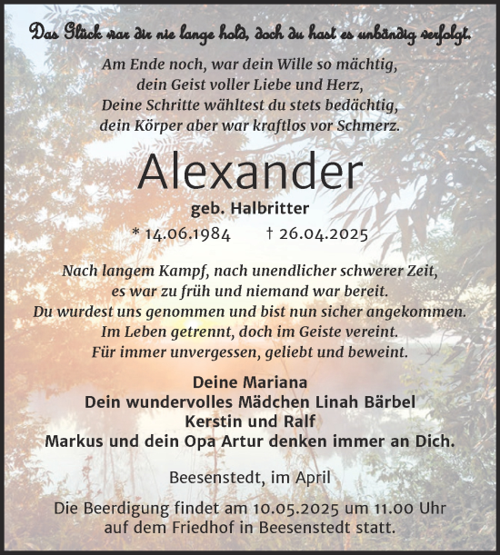 Traueranzeige von Alexander Halbritter 