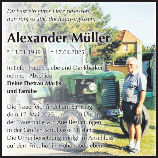 Traueranzeige von Alexander Müller von Volksstimme Oschersleben/Wanzleben