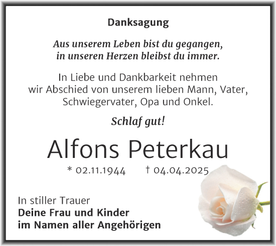 Traueranzeige von Alfons Peterkau von Trauerkombi Weißenfels