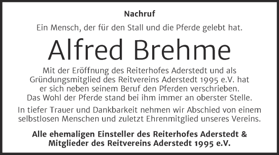 Traueranzeige von Alfred Brehme von Super Sonntag Bernburg