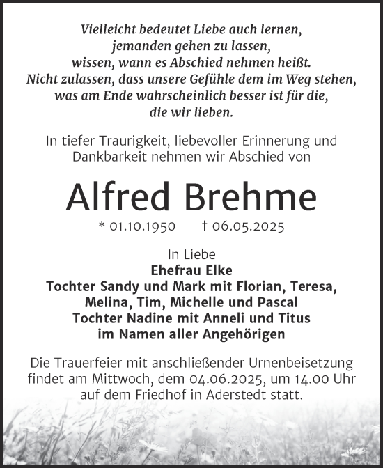 Traueranzeige von Alfred Brehme von Trauerkombi Bernburg