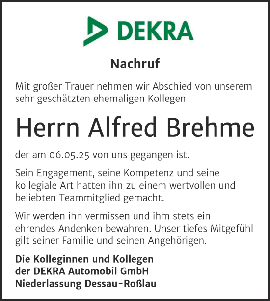 Traueranzeige von Alfred Brehme von Super Sonntag Bernburg